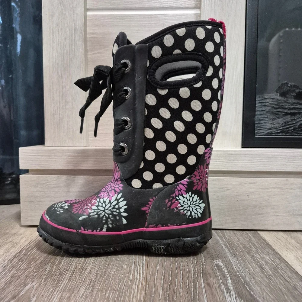 Bogs Kids Waterproof Rain Boots Floral Polka Dot Black Pink Sz 11